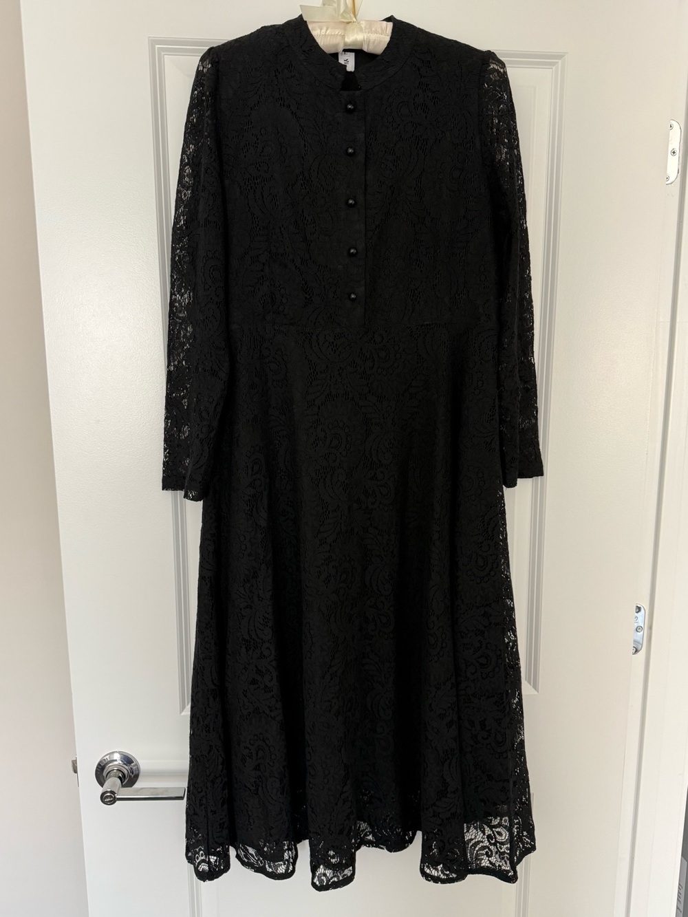 Black Lace Long-Sleeve Midi Dress with Button Front